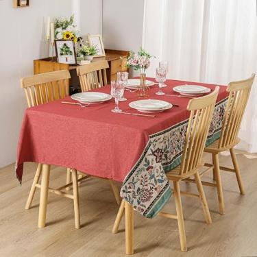 Imagem de Dimatic Toalha de mesa quadrada de linho de algodão pesado para cozinha, mesa de jantar, acampamento, decoração de festas, estampa botânica, vermelha, 139 x 260 cm