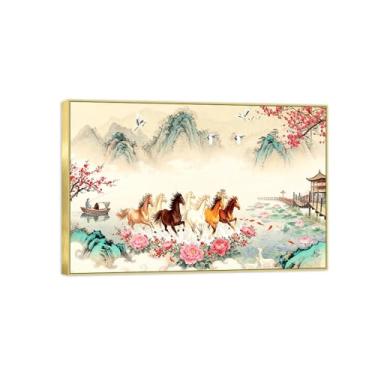 Imagem de BMZFYBS Imagem em tela de paisagem de arte de parede chinoiserie - flores de montanha cavalos pássaros - pintura chinesa - impressões de moldura dourada para decoração de casa 70 x 105 cm 27 x 41 pol