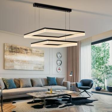 Imagem de Lustre moderno grande retangular com pendente de 2 camadas, controle remoto e iluminação dimerizável, em alumínio, para sala de estar, com altura ajustável, ideal para decoração de restauran