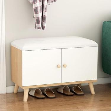 Imagem de Yadlan Banco de armazenamento de 2 camadas, banco de sapatos com almofada de assento acolchoada, banco de entrada de madeira maciça com 2 portas para entrada, sala de estar, quarto C 70 cm