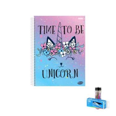 Imagem de Kit Caderno Feminino 1 Matéria KBOM 96 Folhas + Caneta Esferográfica Pote 24 Unidades + Grampeador Alicate S-150