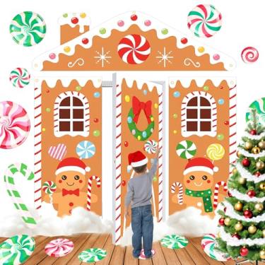 Imagem de Pano de fundo para decoração de porta de gengibre, faixa de casa de gengibre de Natal com neve falsa, adesivos de bengala doce e placas de varanda para casa, sala de aula, escritório, festa, decoração