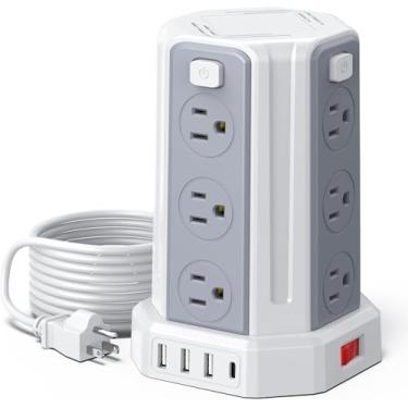 Imagem de Filtro de linha SMALLRT, protetor contra surtos elétricos, cabo de extensão de 3 m, com 12 saídas CA, 4 entradas USB (1 USB C), estação de carregamento de mesa (branco, 3 m)