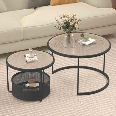 Imagem de Yadlan 2 conjuntos de mesa de centro de vidro moderno com tampo de vidro temperado resistente ao calor, moldura de ferro resistente, mesa de encaixe grande de superfície redonda perfeita para sala de