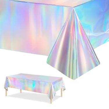 Imagem de ORNALES Pacote com 3 toalhas de mesa de plástico iridescente, toalhas de mesa descartáveis de folha brilhante holográfica, 137 x 274 cm, adequadas para decorações de aniversário, casamento e festas de