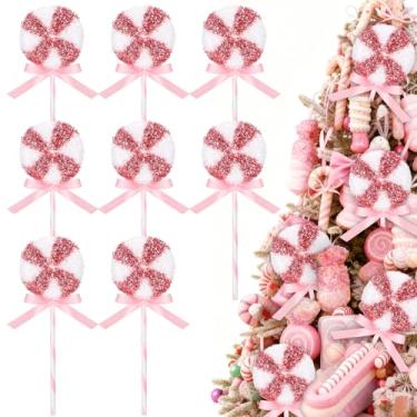 Imagem de Geelin 8 peças de decoração de bengala doce de Natal pirulito enfeite de pendurar árvore de Natal enfeites de plástico rosa doces artesanais para decoração de férias lembrancinhas de festa