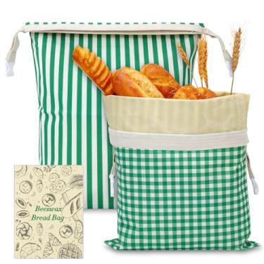 Imagem de Augshy 2 sacos de pão de cera de abelha, saco de cera de abelha com zíper, listras xadrez verdes, material de algodão reutilizável, sacos de armazenamento de alimentos de grande capacidade para caixas