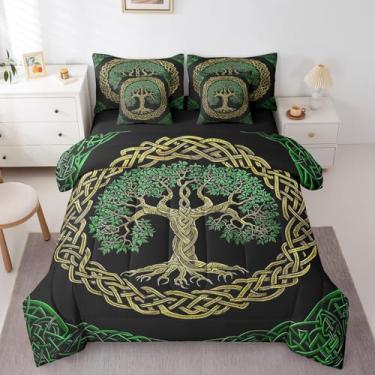 Imagem de Erosebridal Jogo de cama viking retrô viking viking com 7 peças, árvore da vida verde para crianças, adolescentes e adultos, conjunto de lençol vintage com edredom