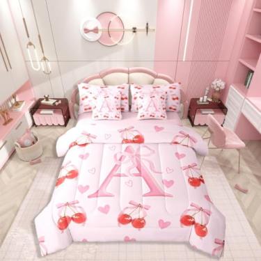Imagem de Conjunto de cama solteiro com letra A com 7 peças, laço kawaii, monograma, estilo princesa, inclui edredom, conjunto de lençol, fronhas e fronhas, decoração de quarto de coração fofo para amantes de