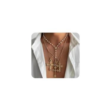 Imagem de Colar com pingente de cruz grande em camadas, dourado, prata, cruz, cristal colorido, pérola, miçangas, colar em Y, acessórios para festa punk, presente para mulheres, Large, Metal, Sem Pedra Preciosa