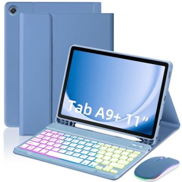 Imagem de EAMPANG Capa com teclado e mouse para Samsung Galaxy Tab A9 Plus de 11 polegadas (SM-X210/X215/X216/X218), capa magnética com teclado USB-C destacável com 7 cores arco-íris retroiluminada com slot