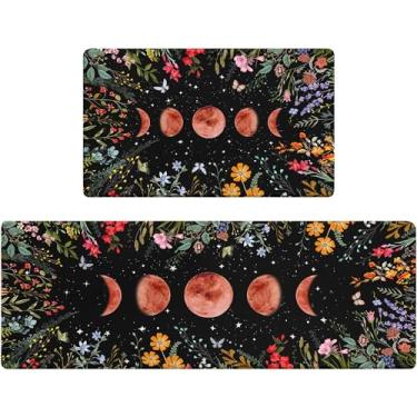 Imagem de Zussun Tapetes de cozinha para o chão, acolchoados, antifadiga, preto, conjuntos de 2 tapetes de cozinha florais para jardim de lua, antiderrapante, impermeável, confortável, espuma de memória, tapete