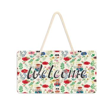 Imagem de Burbuja Placa de boas-vindas quebra-nozes flores silvestres para porta da frente, placa de boas-vindas de PVC para decoração de férias de casa de fazenda, 15 x 28 cm