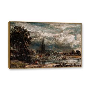 Imagem de Moldura de teca. Arte em tela romantismo estilo constável, (sem título 55), pintura de paisagem inglesa emoldurada, decoração de parede elegante para sala de estar escritório. 30 x 45 cm-11,8 x 17,7