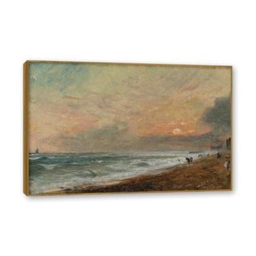 Imagem de Moldura de teca. Arte em tela romantismo estilo constável, (Hove Beach), pintura de paisagem inglesa emoldurada, decoração de parede elegante para sala de estar escritório. 80 x 120 cm - 31,5 x 47,3