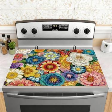 Imagem de Capa de fogão floral Boho para fogão elétrico, flores coloridas, tampa superior de fogão de cerâmica, capa de fogão de vidro resistente ao calor, protetor de fogão plano para trailer, tapete de