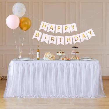 Imagem de Saia de mesa branca de tule retangular, saias de mesa de 1,8 m, para professores, sala de aula, dormitório, cortina, tecido, babados, tutu, pano, brilhante, saia de mesa, lantejoulas, chá de bebê