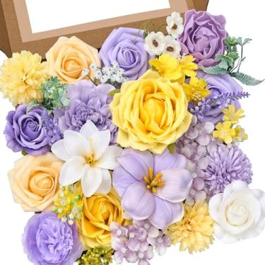 Imagem de Serwalin Flores artificiais, amarelas e roxas, flores de seda falsas para casamento, buquê de casamento, bolo, flores, centros de mesa, decorações de casa, chás de bebê, arranjos florais