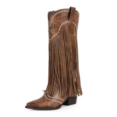 Imagem de Modatope Botas de cowboy femininas com franjas na altura do joelho, bordadas, cowgirl, bico fino, salto grosso, Marrom retrô, 38