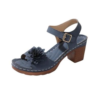 Imagem de Sandálias femininas modernas casuais de bico redondo com tiras de salto bloco de 7 cm para uso diário, Azul royal, 38