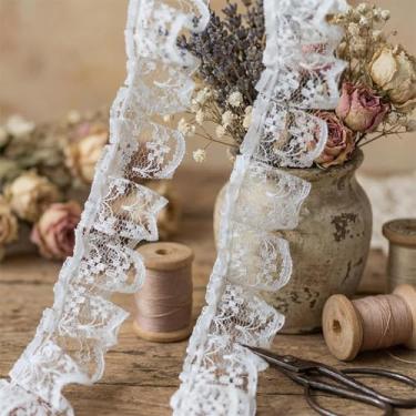 Imagem de Fita de acabamento de malha de organza plissada branca de 5 metros, 1 peça de acabamento de babados de renda branca de 5 metros, acabamentos de borda de renda plissada de cetim e fita de tecido para