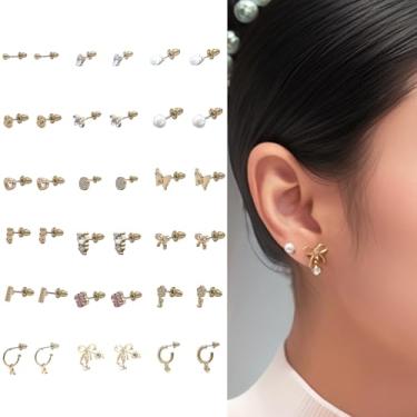 Imagem de Conjunto de brincos banhados a ouro para mulheres – hipoalergênico, versátil coleção de brincos sortidos para vários piercings, com desenhos de zircônia cúbica, pérola, borboleta, coração e argola