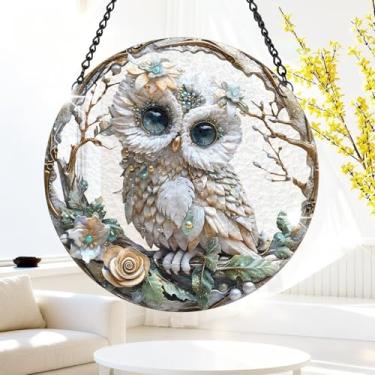 Imagem de 1 peça de decoração para pendurar apanhador de sol de acrílico colorido, coruja empoleirada em moldura floral 18 cm, decoração de janela com design de vitral impresso, ideia de presente e ornamento de