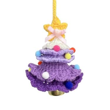 Imagem de Hshsclth Enfeite de árvore de Natal de crochê feito à mão, decoração de acrílico com sino, estrela e pompons, decoração de porta de janela de casa de férias (roxo ombre)