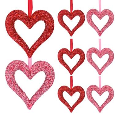 Imagem de Thyle 8 peças de enfeites de coração grandes de 30 cm para árvore de Natal, dia dos namorados, grinaldas de coração de espuma com glitter 3D para porta da frente, decoração romântica cintilante para
