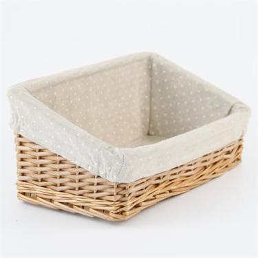 Imagem de Cesta de armazenamento de vime feita à mão, cesta trapézio retangular forrada de linho para organização, base reforçada de madeira resistente, ideal para organização doméstica (39 x 23 x 17 cm)