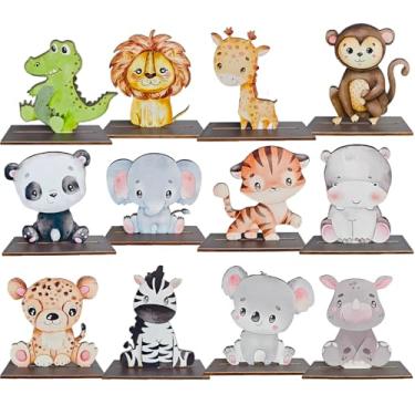 Imagem de 12 peças de estatuetas de animais da floresta e placas de mesa de madeira, decoração de floresta encantada, bandeja rústica em camadas, centros de mesa para chá de bebê, aniversário, acampamento
