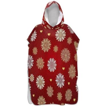 Imagem de Joisal Poncho de surfe plus size para adultos trocador de roupão de praia com capuz toalha natação flocos de neve dourados ponchos de praia vermelhos para homens