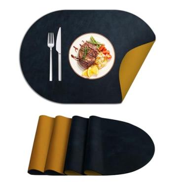 Imagem de [Mikoyi] Jogo americano oval lavável, conjunto de 4, tapetes de mesa de couro sintético para cozinha/café/escritório, tapetes de mesa de plástico limpáveis antiderrapantes com textura dupla face (45 x