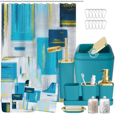Imagem de XLHOMO Conjunto de banheiro - Conjunto de acessórios de banheiro azul-petróleo, conjuntos de banheiro com cortina de chuveiro e tapetes, conjunto de cortina de chuveiro azul petróleo com lata de lixo