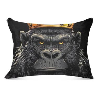 Imagem de Capa de almofada de flanela com coroa de gorila de desenho animado com zíper King Queen Capas de almofada padrão pintura para travesseiro de cama, tamanho Queen, 50,8 cm x 76,2 cm