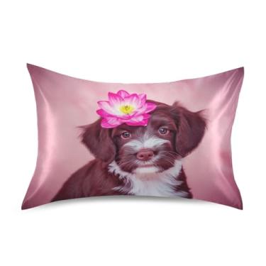 Imagem de Lindas fronhas de cetim rosa flor de cachorrinho fofo arte refrescante King Queen capas de almofadas padrão decoração de travesseiro de cama tamanho padrão 66 cm x 50 cm