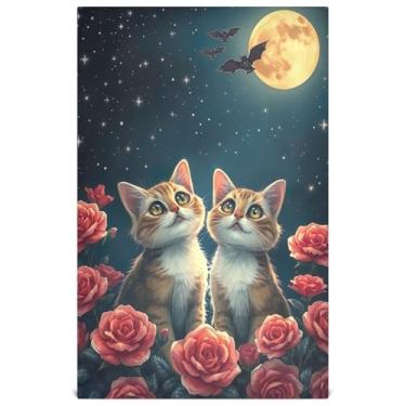 Imagem de Joisal Cute Cats Roses Night Winter Kitchen Dish Towel Set Toalhas de chá decorativas fofas para secar pratos reutilizáveis absorventes 45 x 71 cm, 1 pacote