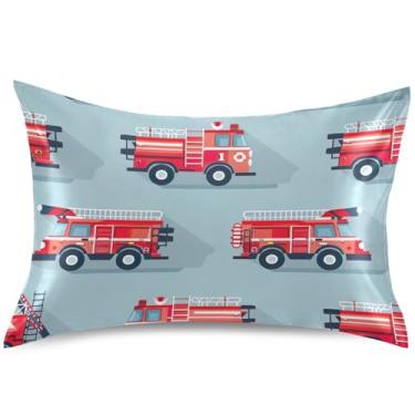 Imagem de Capas de almofada de cetim com estampa de caminhão de bombeiros vermelho para travesseiro de resfriamento de cabelo capa de travesseiro padrão Queen King, tamanho king, 101,6 cm x 50,8 cm