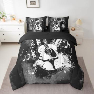 Imagem de Feelyou Jogo de cama solteiro com edredom de guitarra e música rock, para meninos e meninas, adolescentes, 7 peças, microfibra leve e macia