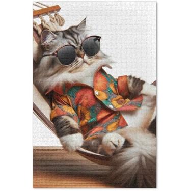 Imagem de Quebra-cabeça de gato engraçado gatinho fofo para adultos 1000 peças de desenhos animados animais homens presentes únicos engraçados de jogo de quebra-cabeça, 75 x 40 centímetros