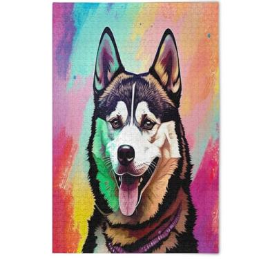Imagem de Quebra-cabeças coloridos de cachorro Husky fofo, 500 peças para adultos, animais fofos, arte floral, cenários de inverno, presentes engraçados, 500 peças, 52 x 37,8 cm