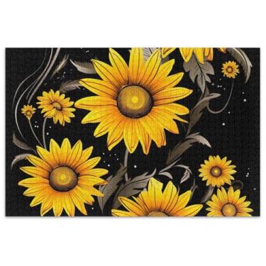 Imagem de Quebra-cabeça de girassóis amarelos em preto 500 peças para adultos presentes tecnológicos presentes mordaça presente pintura colorida