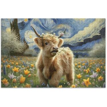 Imagem de Quebra-cabeças adultos Starry Night Highland Cow Calf 1000 peças quebra-cabeças engraçados presentes arte quebra-cabeça paisagem floral, 75 x 40 centímetros