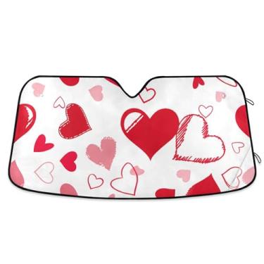 Imagem de Guarda-sol branco de corações vermelhos personalizados para para-brisa de carro dobrável caminhão sombra de carro para para-brisa dianteiro S, 134,6 cm x 59,7 cm