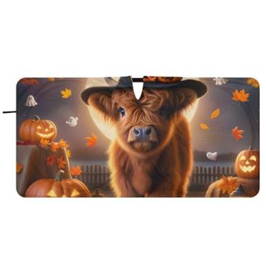 Imagem de Guarda-sol personalizado de abóbora de vaca Highland de Halloween para para-brisa de carro bonito dobrável caminhão persianas de carro para janelas dianteiras automotivas, 76 cm x 149 cm