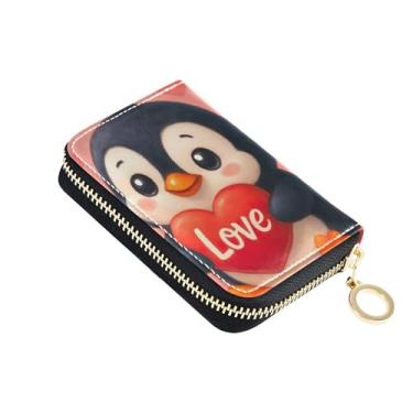 Imagem de Carteira feminina com corações vermelhos de pinguim fofo com bloqueio de RFID, à prova d'água, porta-moedas, com zíper