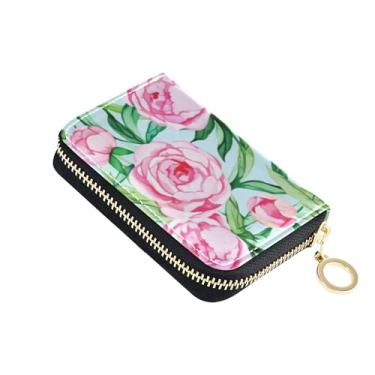 Imagem de Carteira feminina colorida de couro com bloqueio de RFID, porta-cartões de crédito, aquarela, rosa, peônia, flor, zíper, carteira com bolso para moedas