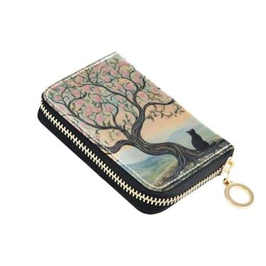 Imagem de Carteiras femininas para cartões de crédito com bloqueio de RFID, zíper ao redor de couro, carteira de viagem com chaveiro, rosa pastel, árvore de gato