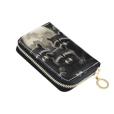 Imagem de Carteira feminina com zíper e bloqueio de RFID, linda bolsa de moedas de couro com zíper, guaxinins ao luar, cinza