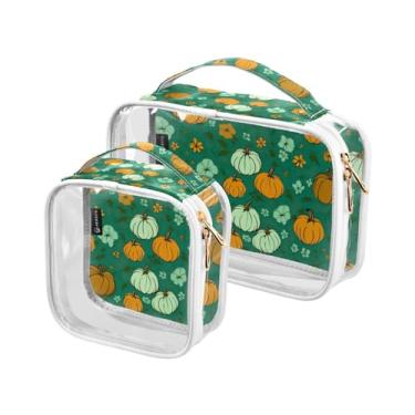 Imagem de GAIGEO Conjunto de 2 sacos de higiene pessoal transparentes, tabuleiro de xadrez verde com margaridas brancas, conjunto de bolsas transparentes para viagem, Abóboras no outono em turquesa-2, one size